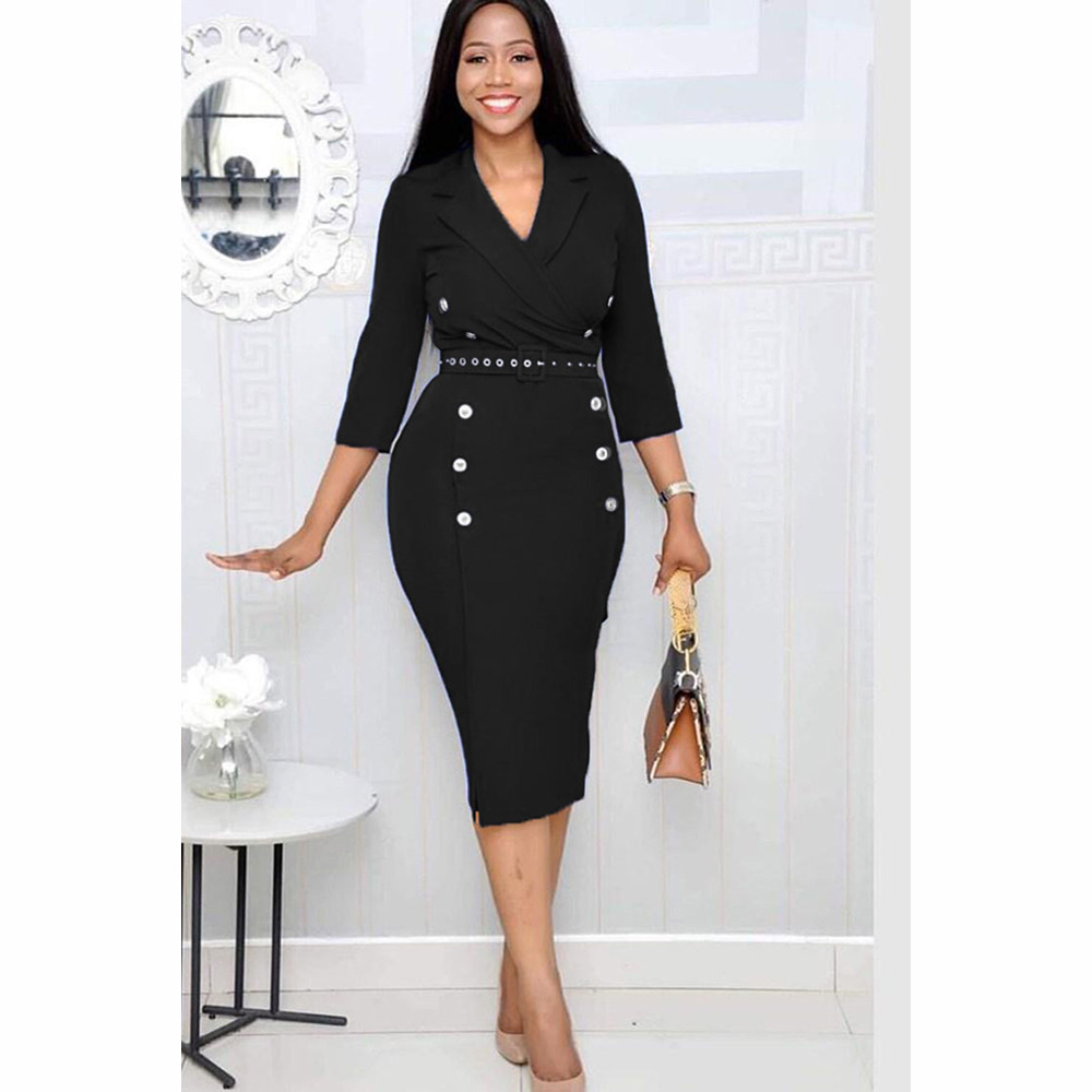 Slim Fit V Neck Midi Dress Button Design Solid Color Three Quarter Sleeves Autumn Fashion Wholesale Available