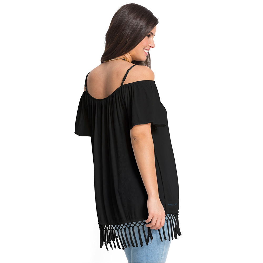 Plus Size Womens T Shirt Solid Color Sexy Off Shoulder Short Sleeve Fringed Hem Casual Wear Wholesale Available