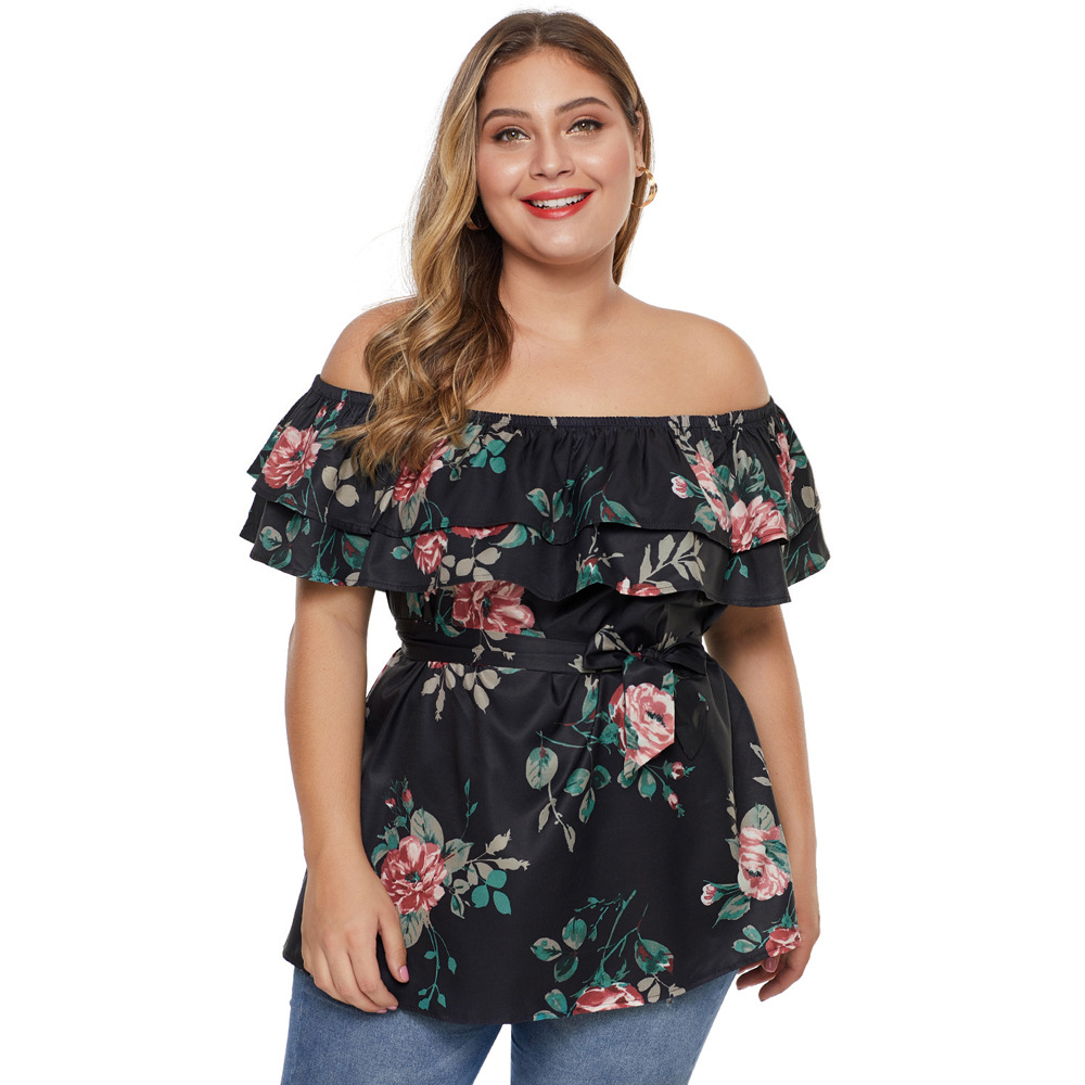 Womens Off Shoulder Floral T Shirt Layered Ruffle Short Sleeves Plus Size Casual Style Wholesale Available