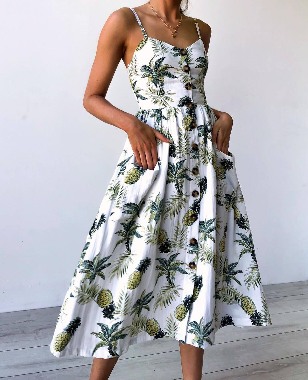 Sunflower Pineapple Print Button Back Sexy Slip Dress 36 Colors 6 Sizes Lightweight Fabric Summer Casual Wear