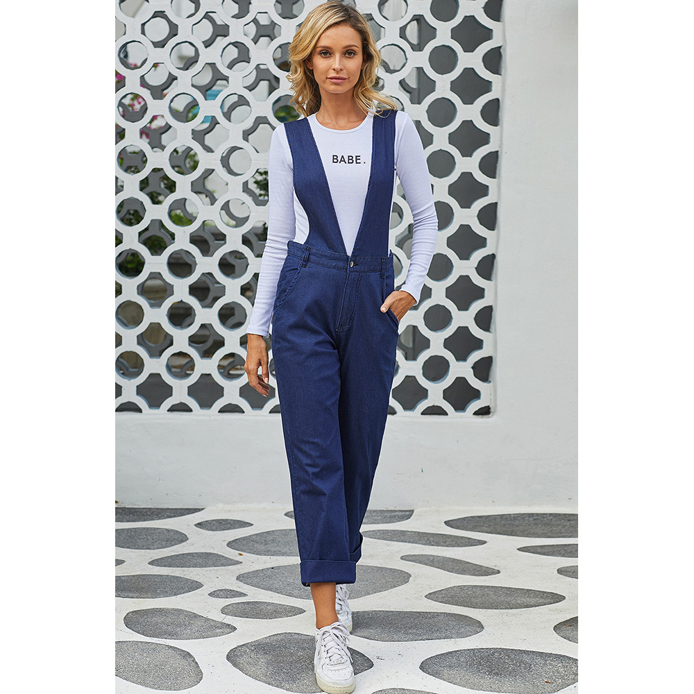Womens Loose Fit Denim Jumpsuit Vintage Style Deep Blue 3 4 Length Wide Leg Perfect for Autumn Wholesale