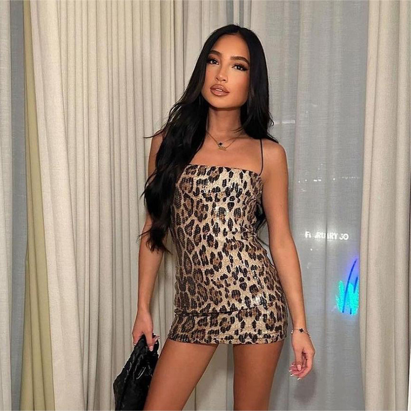 European and American Women's Fashion Personality Sexy Printed Sequin Leopard Print Sling Bodycon Dress