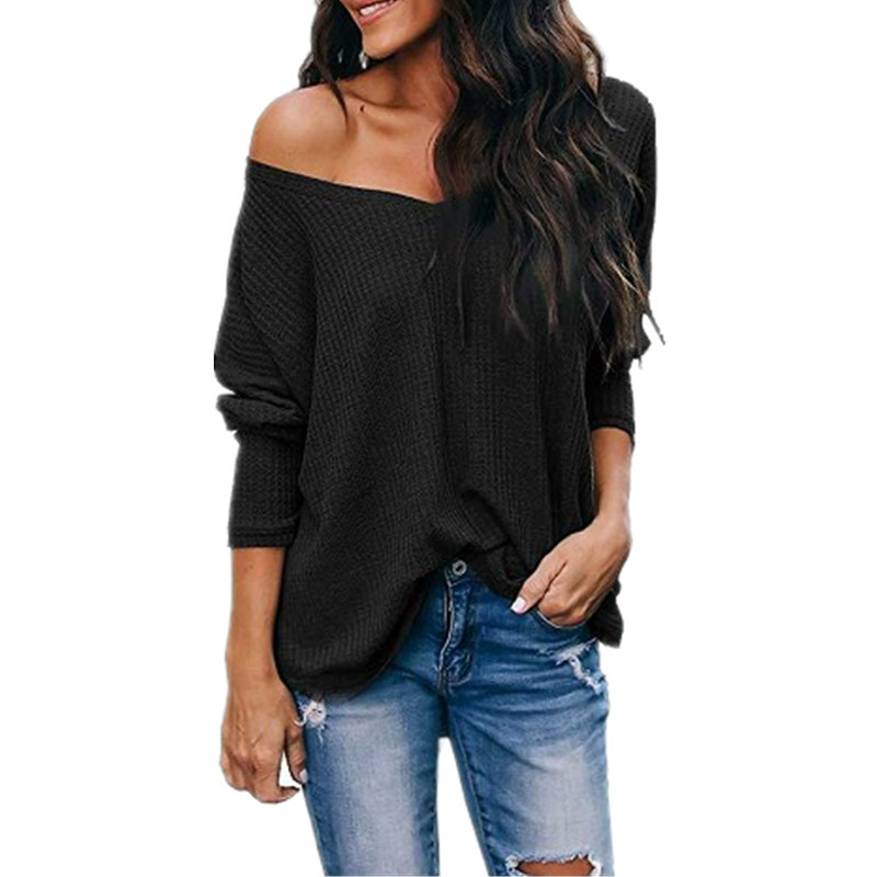 V Neck Off Shoulder Loose Long Sleeve T Shirt Autumn Style Comfortable Fabric Versatile Wear Wholesale Available
