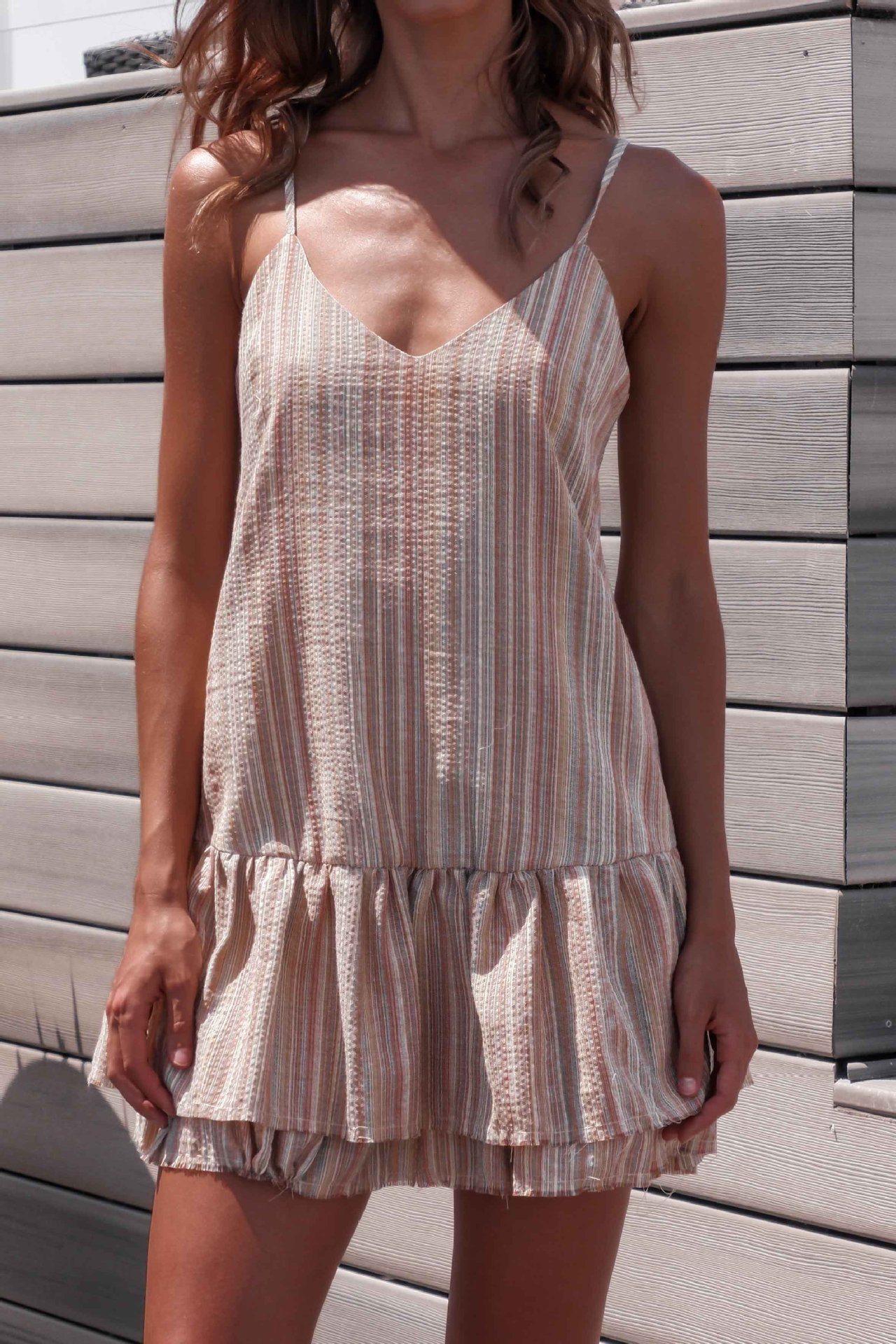 Colorful Striped Ruffle Hem Cami Dress Sexy Vacation Style Lightweight Fabric Wholesale Available