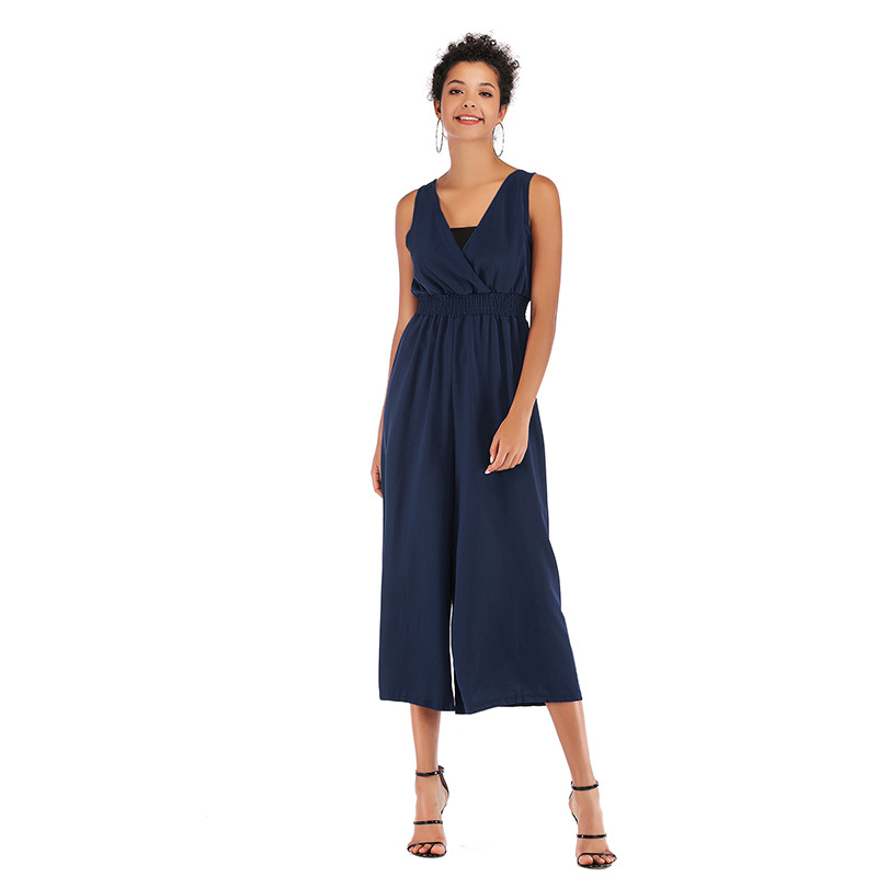Womens Solid Color V Neck Jumpsuit Wrap Waist Adjustable Straps Wide Leg Three Quarter Length Casual or Evening