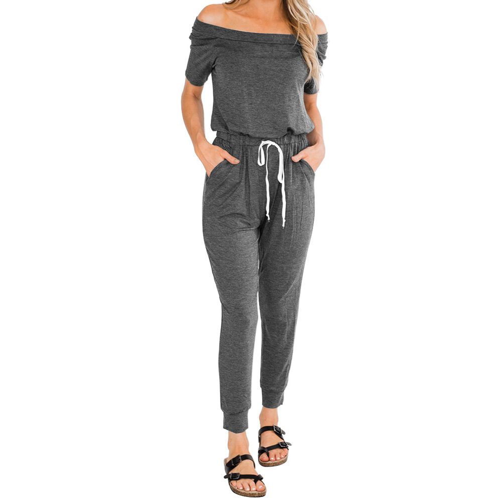 High Waisted Womens Casual Sports Jumpsuit European Style Off Shoulder Drawstring Comfortable Fabric Ideal for