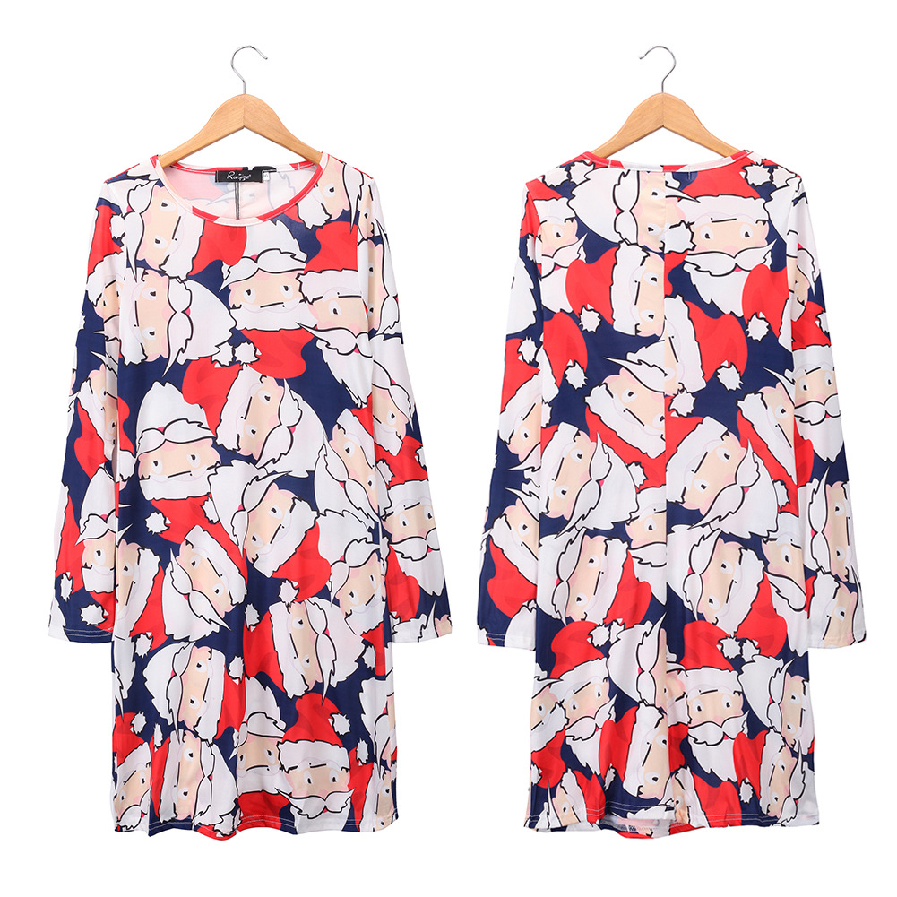 Christmas Cartoon Print Dress Long Sleeve Round Neck Comfortable Fabric Festive Occasion Wear Wholesale Available