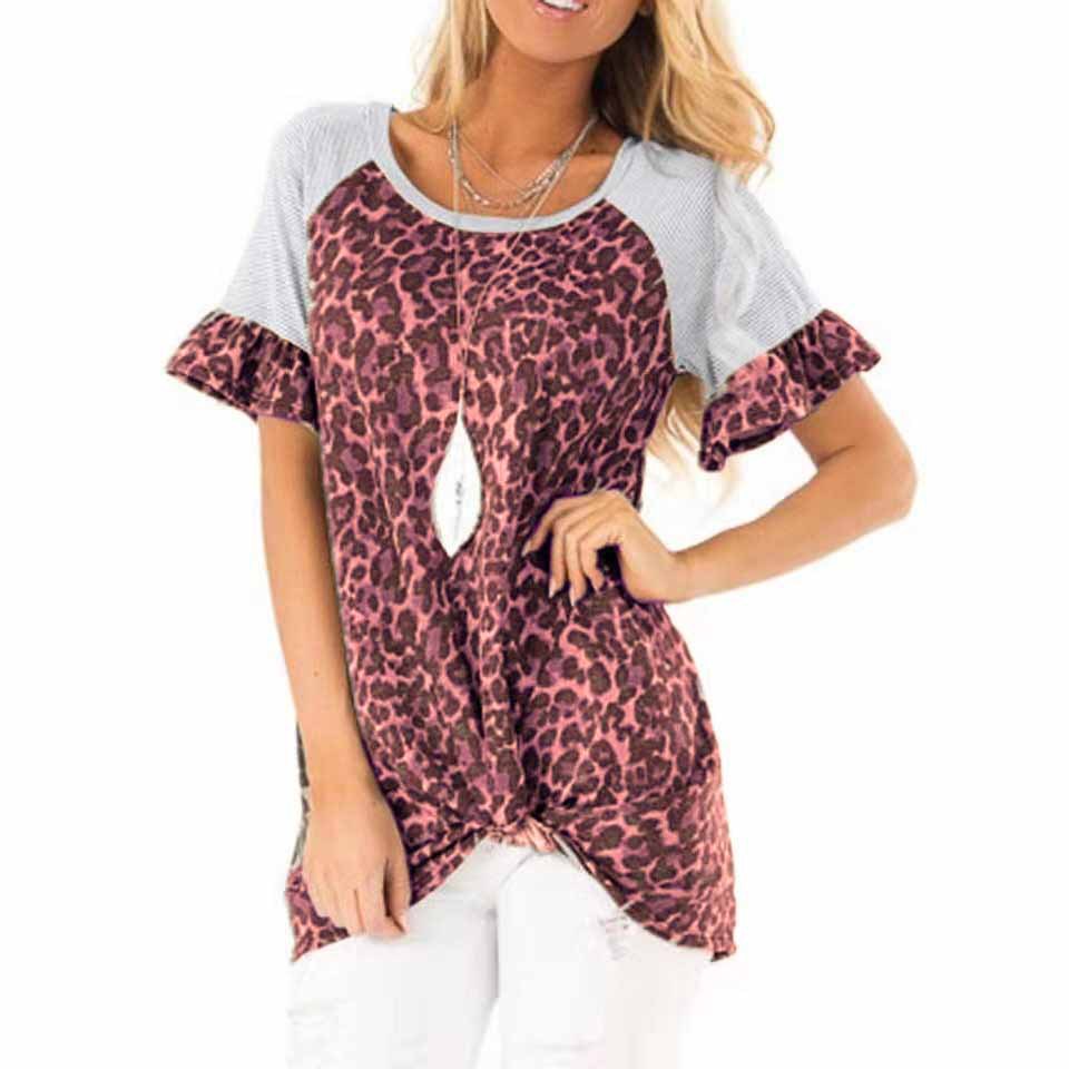 Womens Leopard Print Short Sleeve T Shirt Round Neck Flared Sleeves Casual Style Perfect for Spring Summer