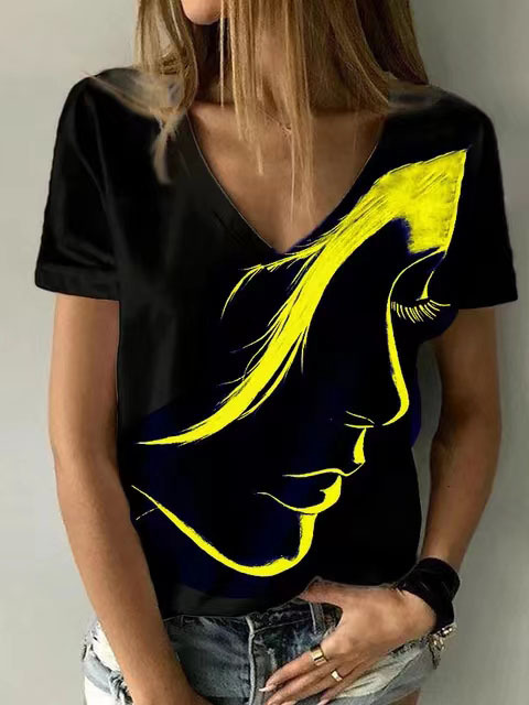 V Neck Printed Short Sleeve T Shirt for Women Casual Style Lightweight Fabric Trendy Design Wholesale Available