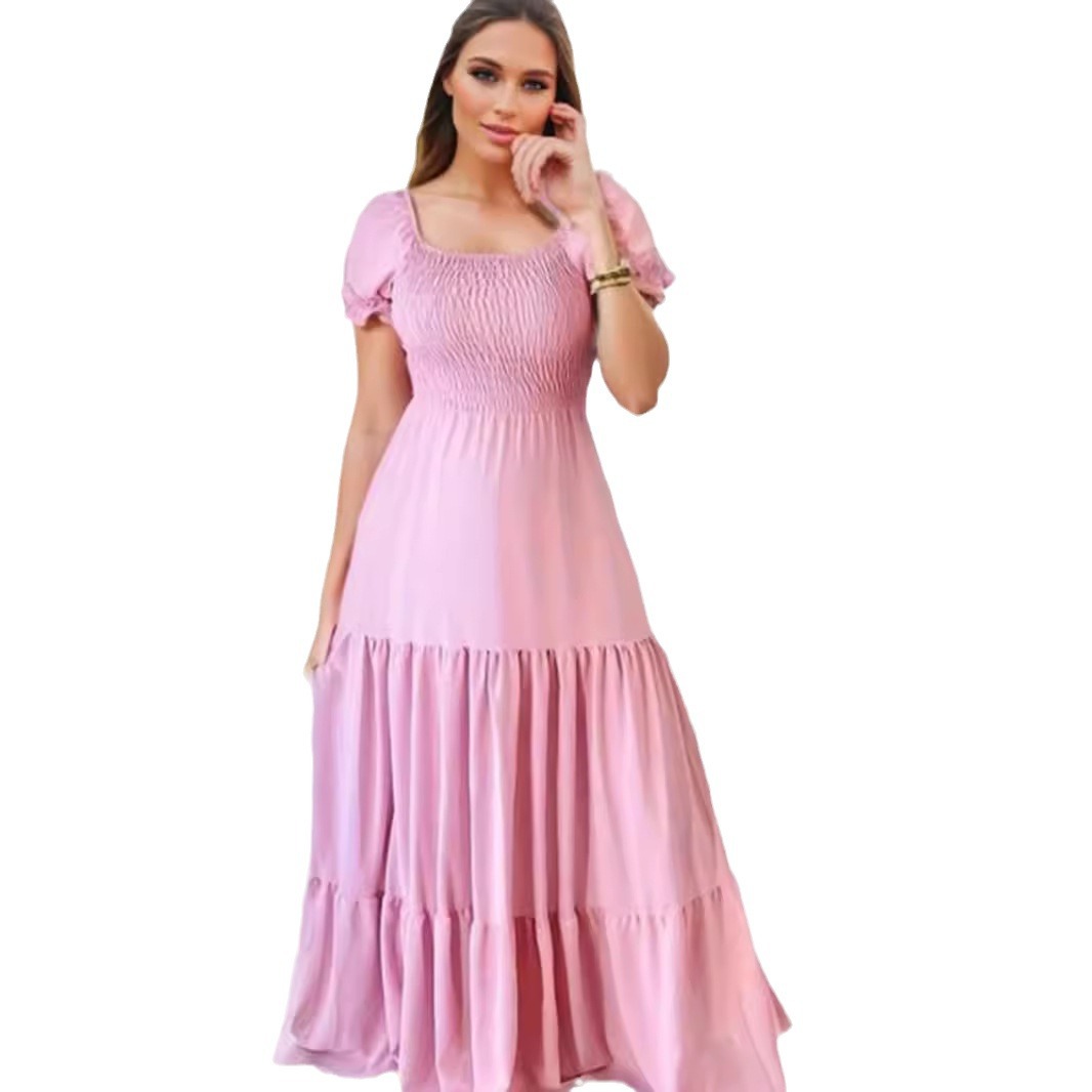 European and American Cross border Hot Selling Commuter Solid Color Square Neck Spliced Long Skirt Dress