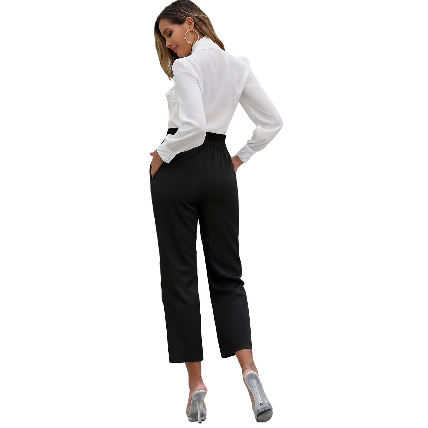 High Waisted Button Closure Wide Leg Pants Elastic Waist Casual Style Comfortable Fit Wholesale Available