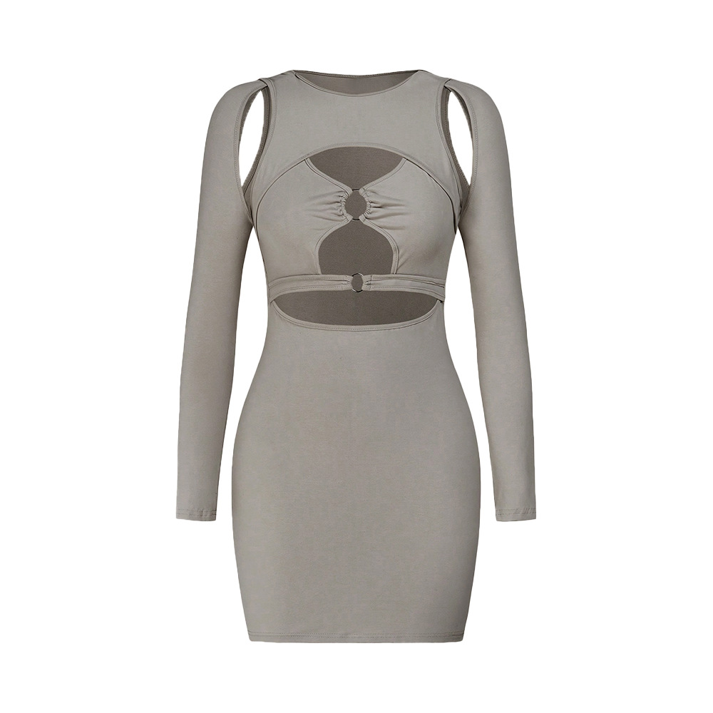 European and American cross border sexy hot girl front chest hollow ring highlights figure, milk silk slim fit hip hugging dress