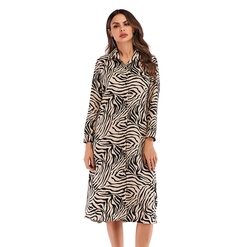 Chiffon Leopard Print Dress Long Sleeve Button Down Collar Fashionable Design Autumn Winter Collection Wholesale