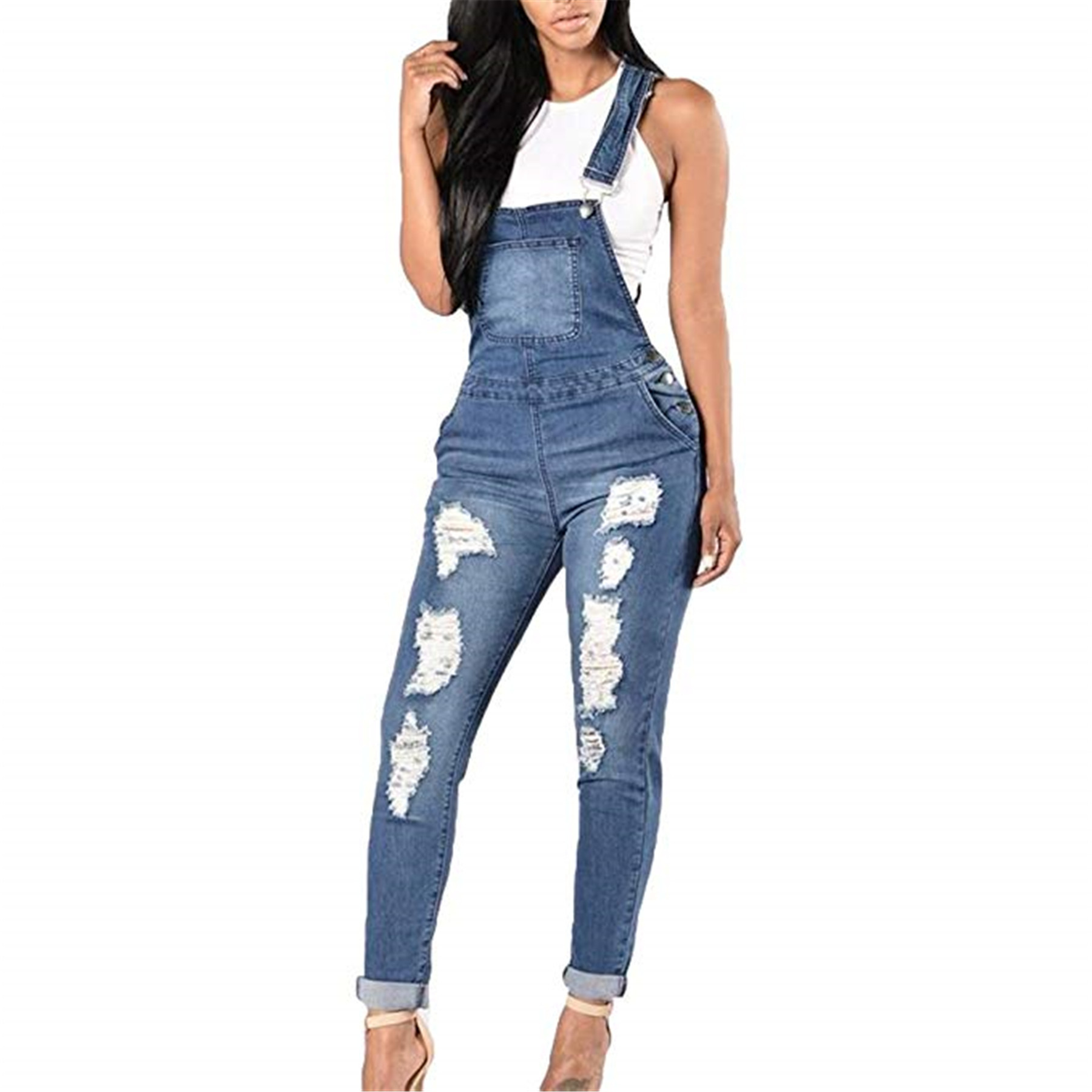 Womens Ripped Denim Jumpsuit Casual Style Adjustable Straps Comfortable Fit Perfect for Everyday Wear Wholesale