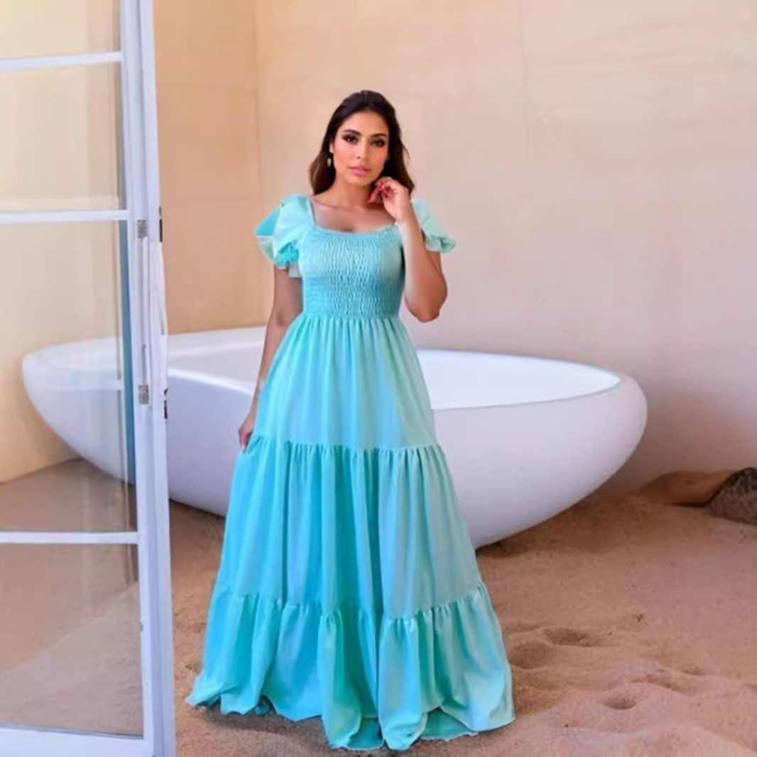 European and American Cross border Hot Selling Commuter Solid Color Square Neck Spliced Long Skirt Dress