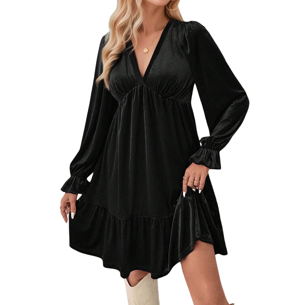 Autumn Winter New Elegant Velvet Ruffle Long Sleeve Dress