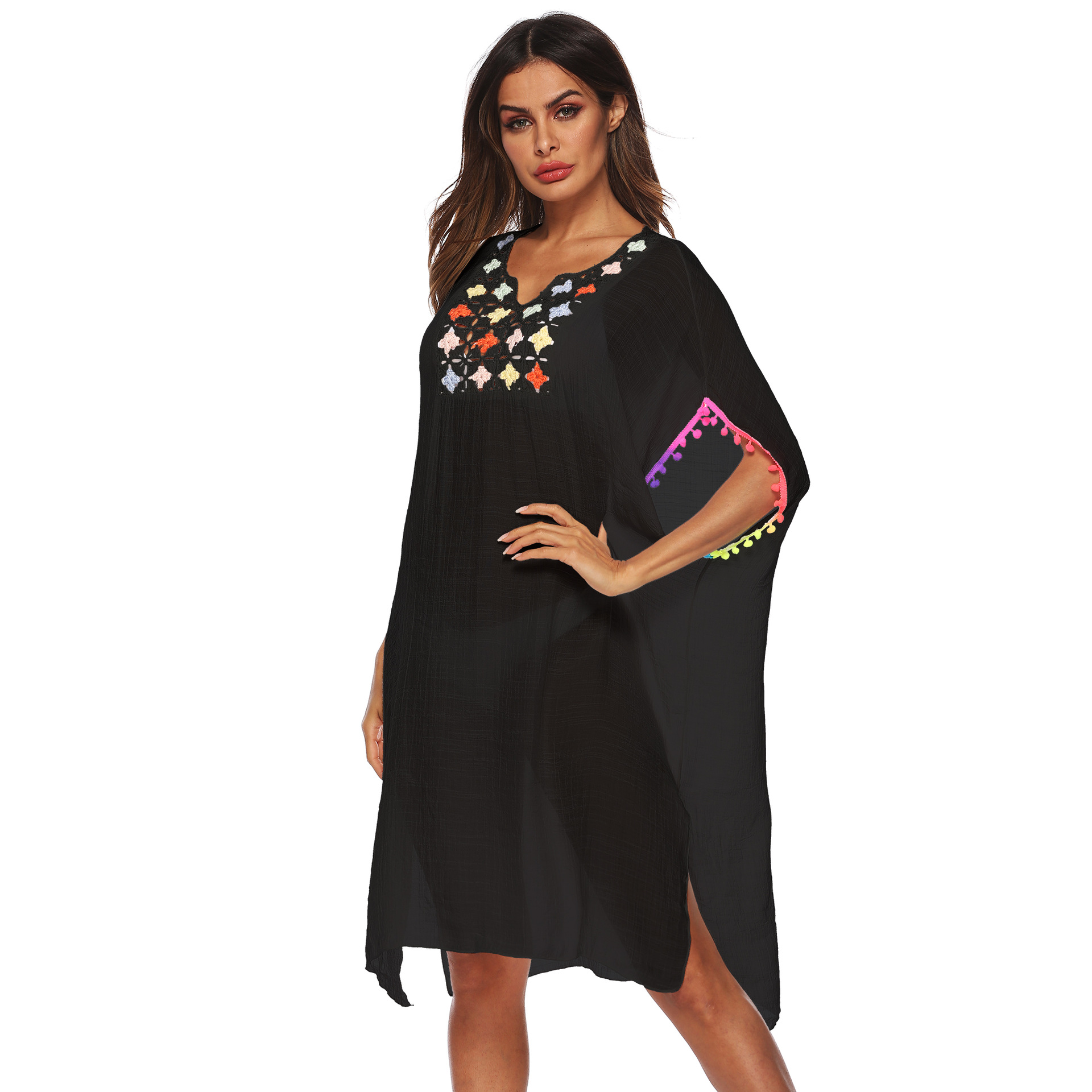 Loose Fit Crochet Lace Trim Tassel Beach Cover Up Dress Lightweight Bohemian Style Summer Wear Wholesale Available