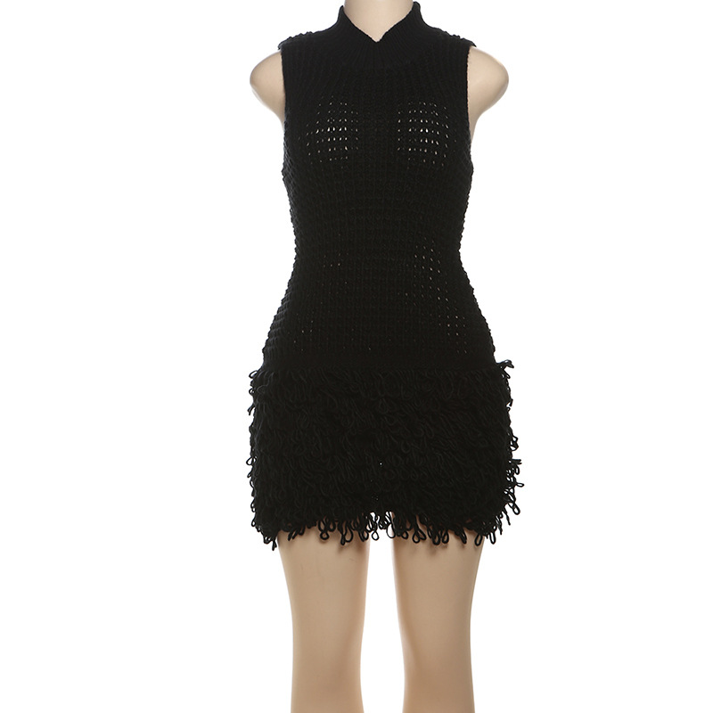 European and American Style Summer New Women's Fashion Sexy Sleeveless Fringed Hollow Slim Elegant Spliced Dress