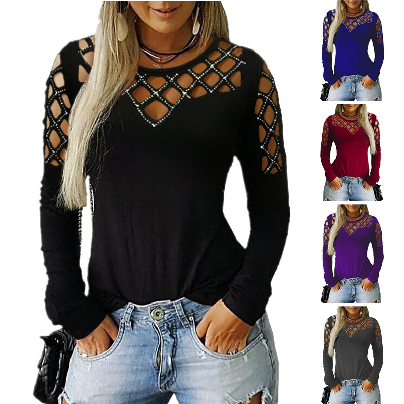 Lace Hollow Out Long Sleeve T Shirt Rhinestone Embellished Autumn Winter Fashion Wholesale Available