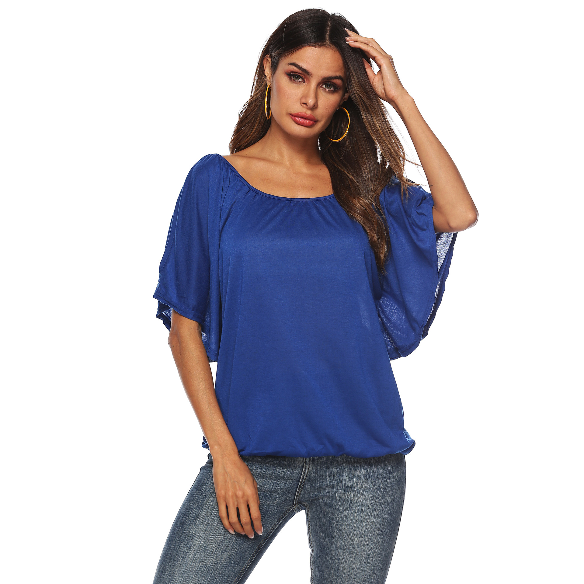 Womens Batwing Sleeve T Shirt Solid Color Round Neck Asymmetrical Hem Casual Wear Summer Style OEM Available