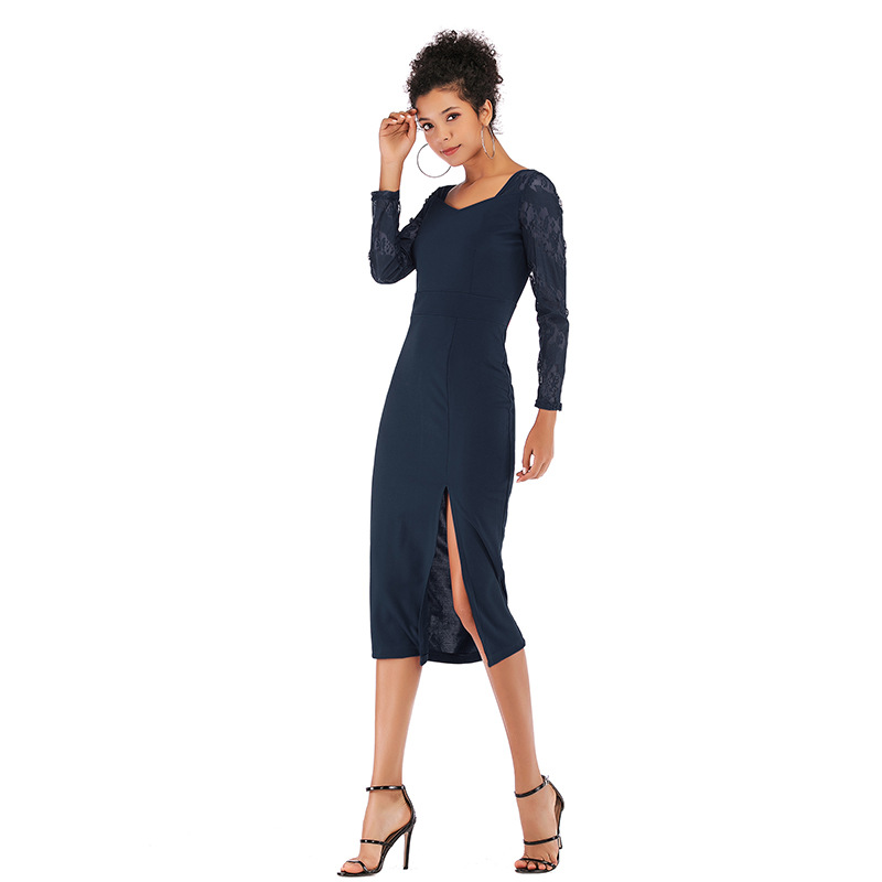 Lace Panel Pencil Dress Sexy Split Hem Solid Color Elegant Design Spring Fashion for Women Wholesale Available