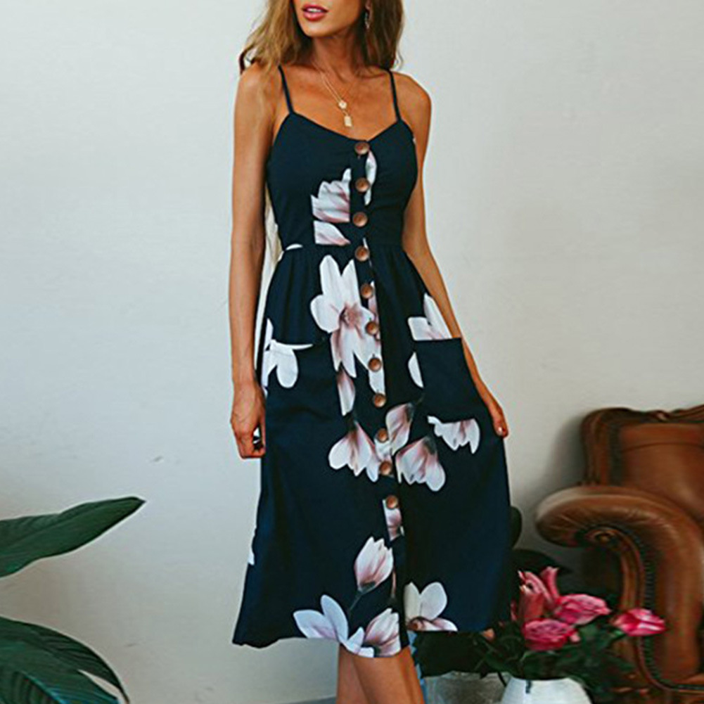 Bohemian Printed Midi Dress Summer Style Backless Design Adjustable Straps Perfect for Casual Outings Wholesale