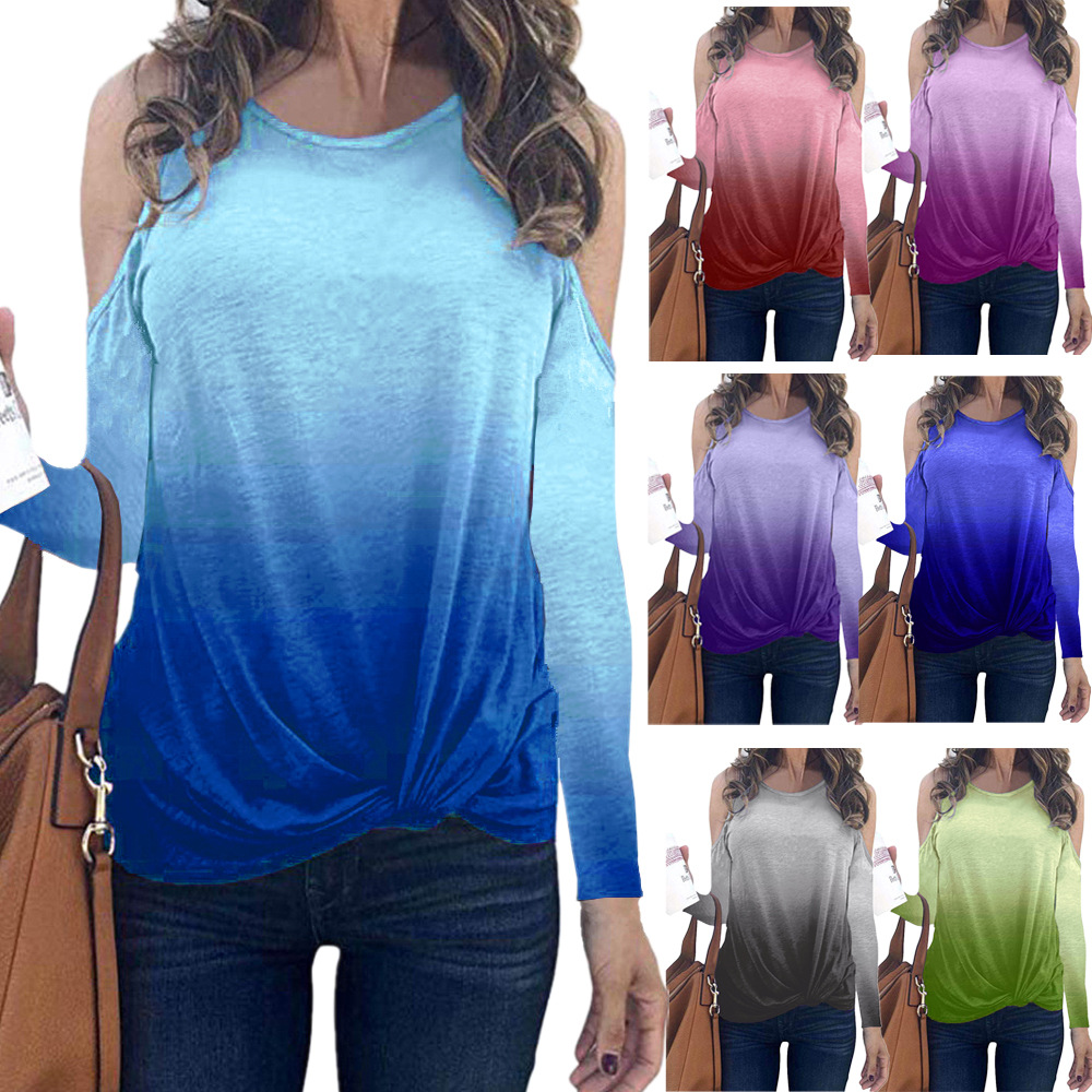 Rainbow Gradient Print Long Sleeve T Shirt Womens Fashion Casual Style Autumn Winter Wholesale Available