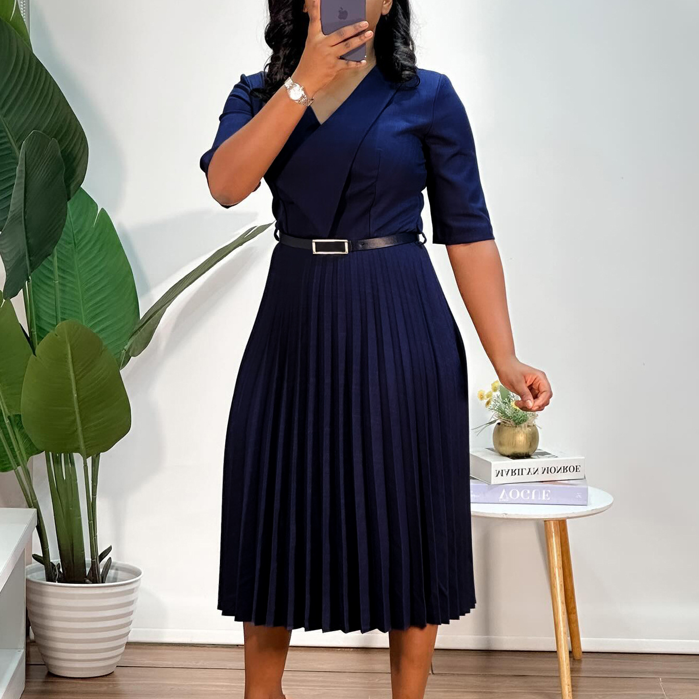 Fashionable Women's Solid Color V Neck Dress with Pleated Design for African Cross Border Trade, Elegant and Stylish Look