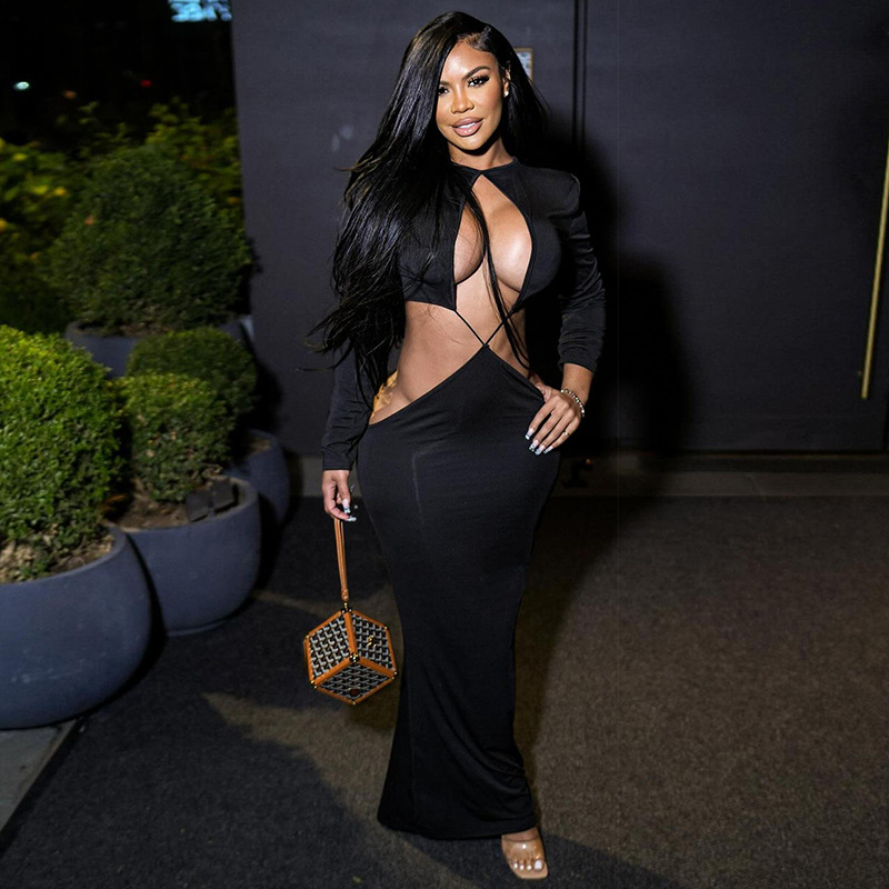New Women's Winter Dress, Long Sleeve Hollow Out Bodycon Maxi Dress, Sexy Cut Out Waist Design for Trendy Fashionistas