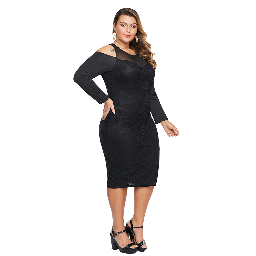 Plus Size Womens Dress Sheer Lace Panel Off Shoulder Long Sleeve Bodycon Midi Dress Evening Party Wear Wholesale