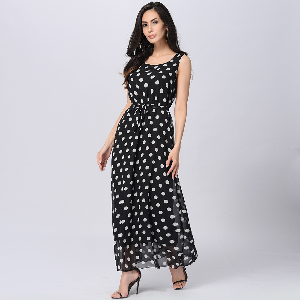 Summer Womens Dress Stylish Polka Dot Design Tie Waist Long Length Perfect for Casual Outings Wholesale Available