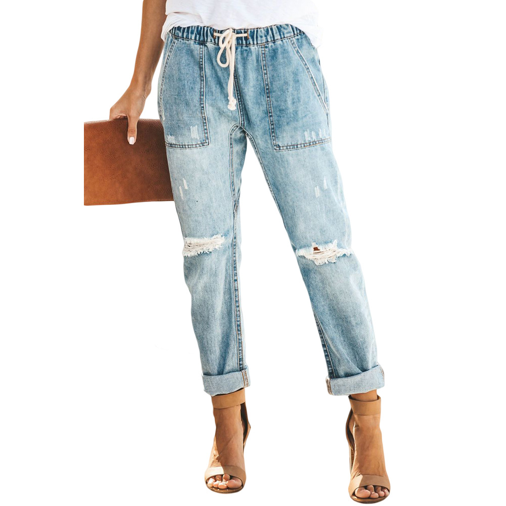 High Waisted Ripped Denim Jeans Slim Fit Distressed Adjustable Tie Autumn Fashion for Women Wholesale Available