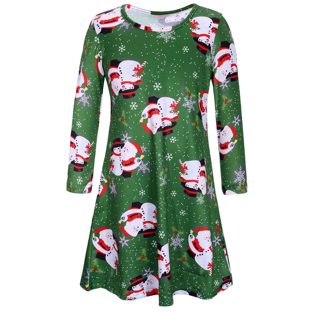 Christmas Cartoon Print Dress Long Sleeve Round Neck Comfortable Fabric Festive Occasion Wear Wholesale Available