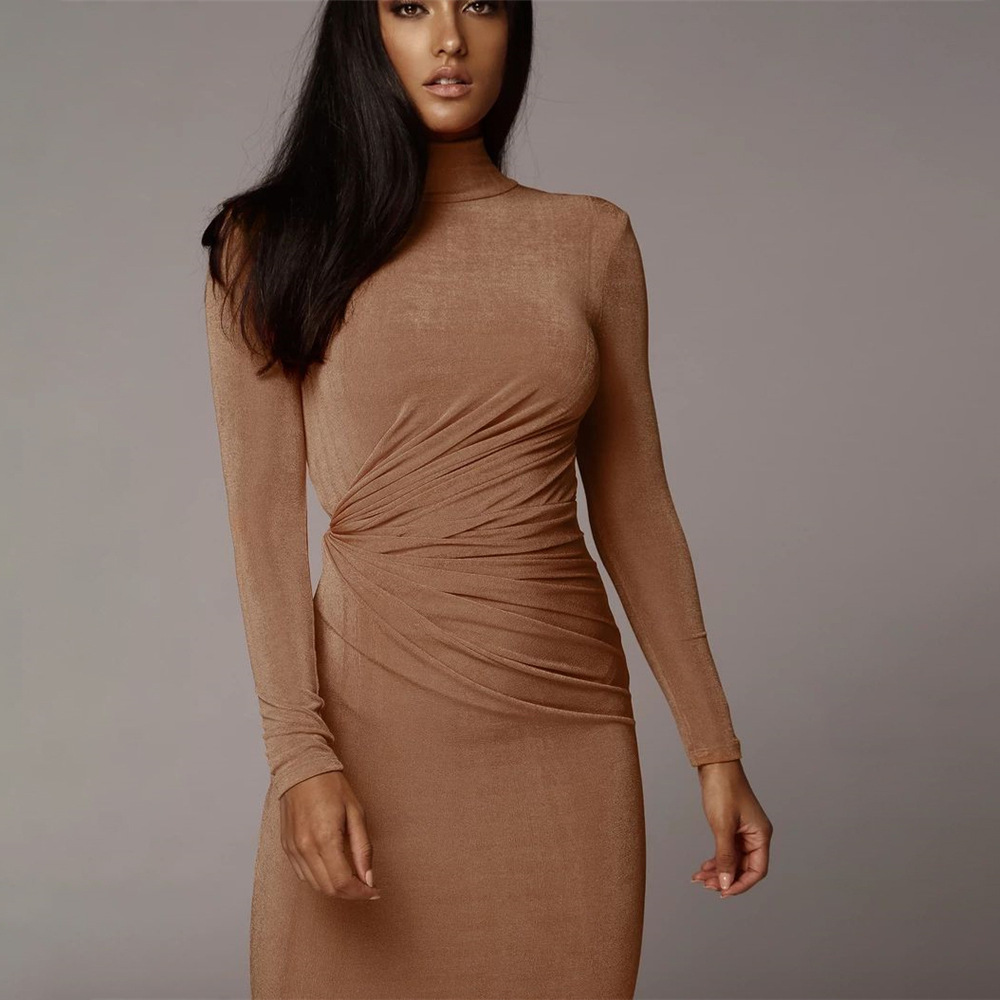 Bodycon Midi Dress Solid Color Long Sleeve High Neck Elegant Evening Wear Wholesale Available