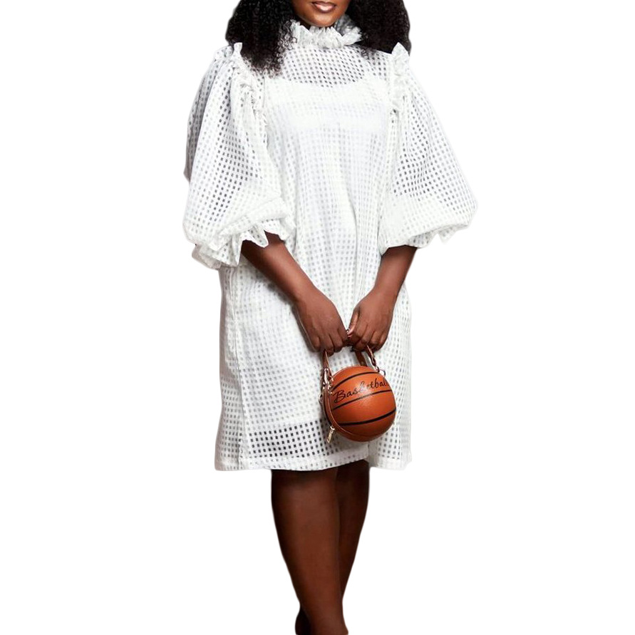 New Autumn Hollow Out Solid Color Puff Sleeve Two Piece Dress for Women, Stylish African Fashion, Cross Border Clothing