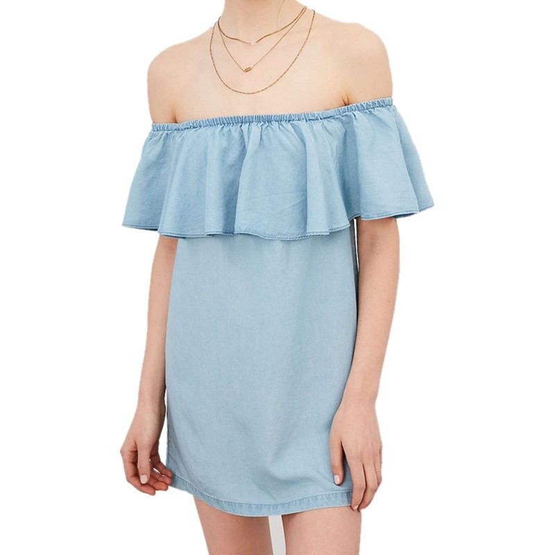 Off Shoulder Ruffle Denim Dress Bodycon Fit Sleeveless Sexy Style Perfect for Summer Parties Wholesale Available