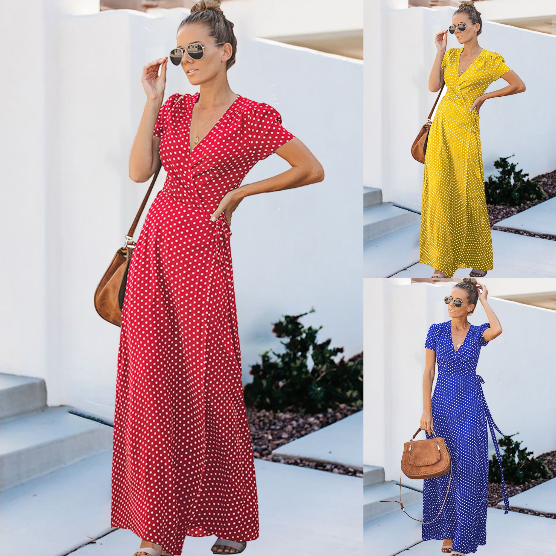 Summer Womens V Neck Floral Polka Dot Maxi Dress Short Sleeve Trendy Design Comfortable Fabric Perfect for Casual