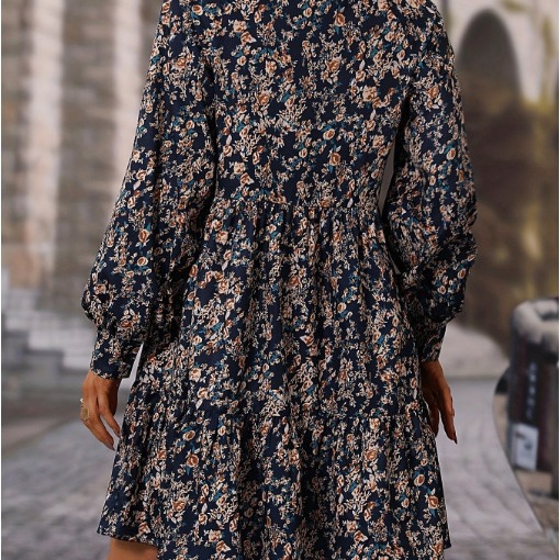 Floral Print V Neck Long Sleeve Dress Elegant Simple Design Lantern Sleeve Spring Summer Fashion Wholesale Available
