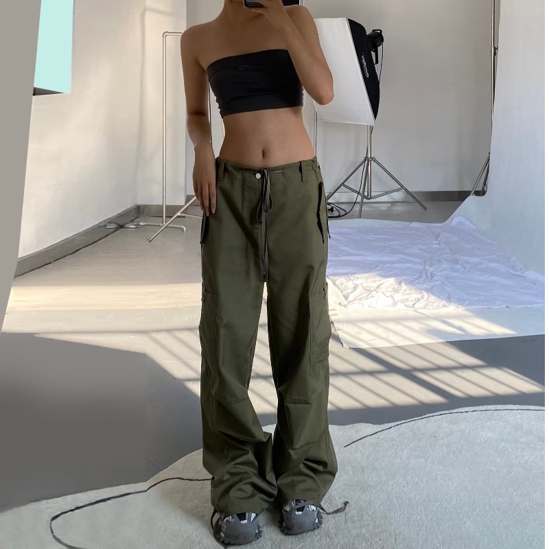 Vintage American Style Multi Pocket Cargo Pants for Women Loose Fit Drawstring Cuffs Casual Streetwear Wholesale