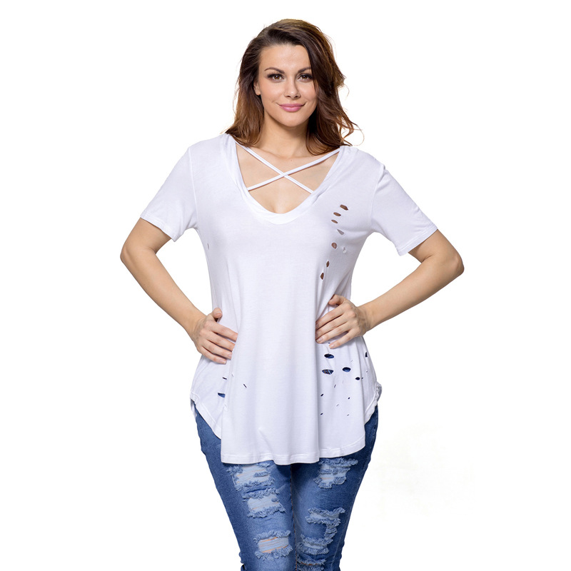 Womens Distressed T Shirt Loose Fit Solid Color Round Neck Short Sleeve Casual Wear Summer Style Wholesale