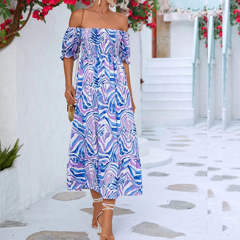 Summer New Sweet Style Strapless Off Shoulder Printed Short Sleeve Elastic Waist Mid Length Floral Dress