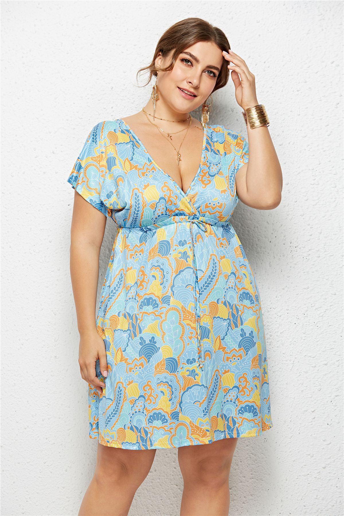 Plus Size V Neck Digital Print Dress Beachwear Vacation Style Comfortable Fit Wholesale Available