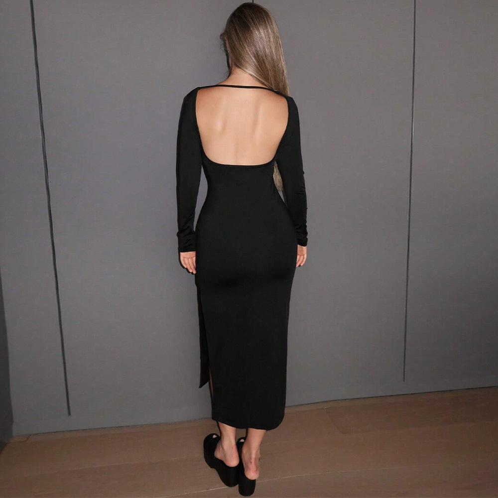 Autumn and Winter New High Elastic Sexy Backless Slit Hip Party Dress