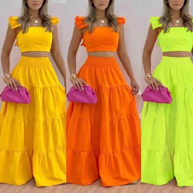 Summer New European and American Style Elegant Sexy Solid Color Mid Waist Strap Swing Two piece Dress Set
