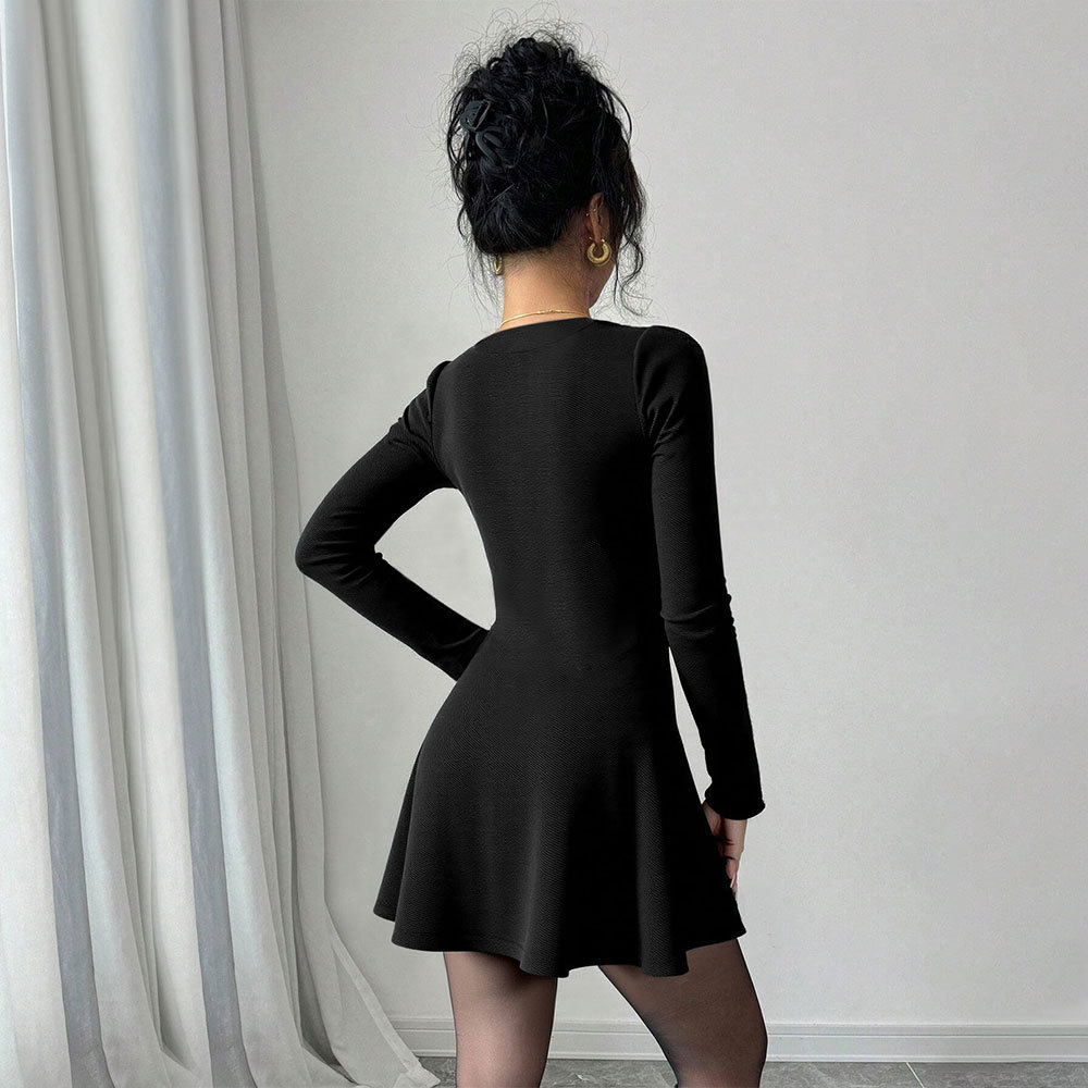 New Women's Knitted Puff Hem V Neck Long Sleeve Solid Color Mini Dress for Autumn and Winter