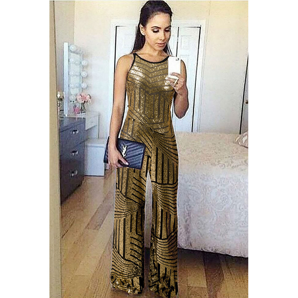 Womens Sequin Jumpsuit Sleeveless Round Neck High Waist Wide Leg Nightclub Party Wear Wholesale Available