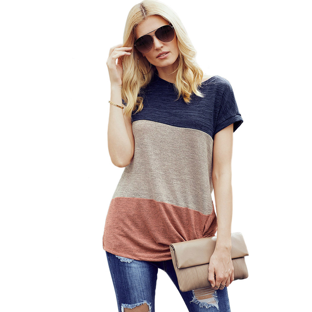 Color Block Asymmetrical Neck Short Sleeve Top Loose Fit Casual Style Perfect for Spring and Summer Wholesale