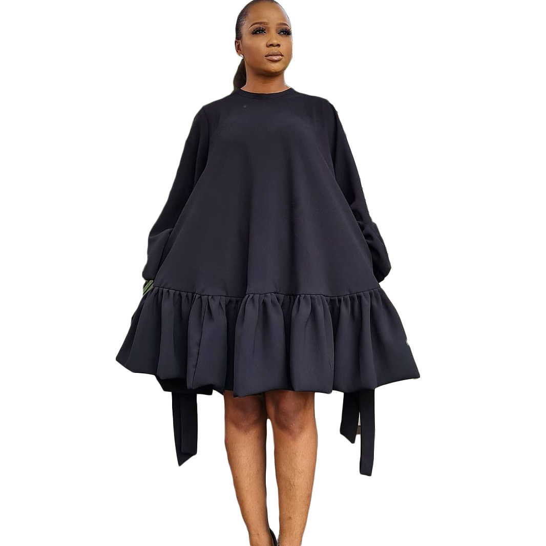 Plus Size Women's Dress — Loose Fit, Solid Color, Puff Sleeve, Casual Style — Wholesale Supply Terms