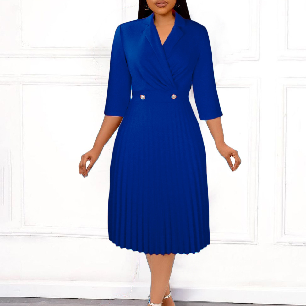 European Market Women's Dress — Elegant Solid Color, Pleated Design, Lapel Collar — Autumn Fashion — Wholesale Supply