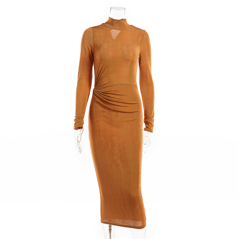 Bodycon Midi Dress Solid Color Long Sleeve High Neck Elegant Evening Wear Wholesale Available